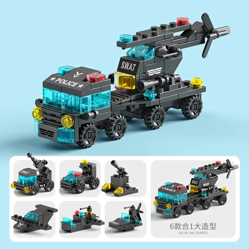 6IN1 Building Blocks City Fire Car Police Truck Engineering Crane Tank Helicopter Bricks Set Toys for Children Kids