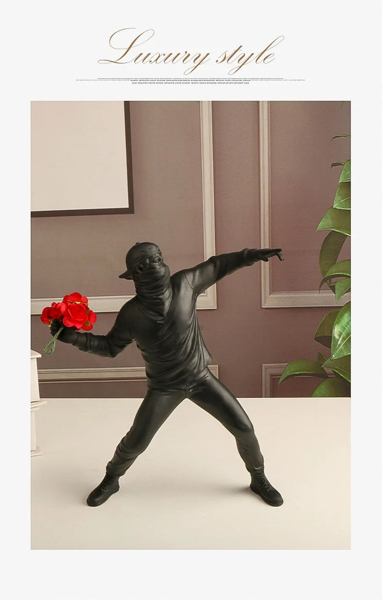 Resin Statues Sculptures Banksy Flower Thrower Statue Bomber Home Decoration Accessories Modern Ornaments Figurine Collectible