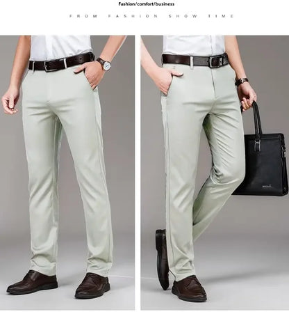 Pantalones casuales de seda helada para hombre, de negocios, formales, de verano, finos, rectos y holgados, para hombres de mediana edad.