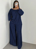 2-piece Wide Leg Faux Denim Suits for Women Plus Size Spring Outfits Off Shoulder Top and Pants Sets Wholesale Dropshipping