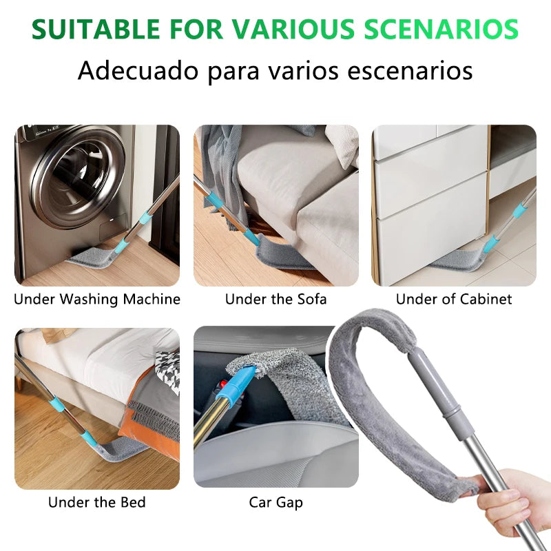 Espanadores para remoção de poeira, espanador telescópico extensível, alça longa, esfregão extra plano, vassoura para limpar sob móveis, escova de penas