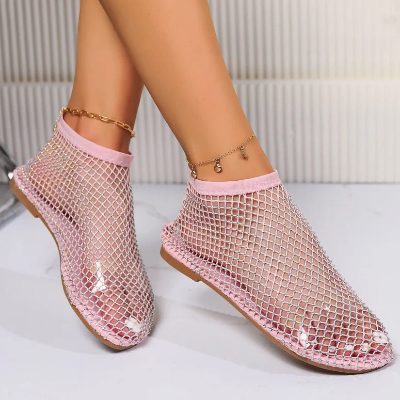 2024 Summer Women's New Round Toe Flat Bottom Sandals Hollow Short Boots Water Diamond Sexy Flat Bottom Fashion Banquet Slippers