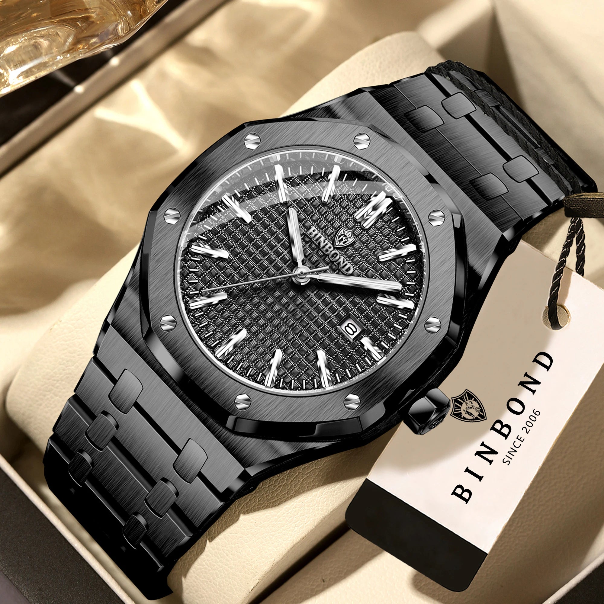BINBOND Sturdy Stainless Steel Strap Quartz Wristwatches for Men Luxury Luminous Waterproof Auto Date Accurate Men's Watch Reloj