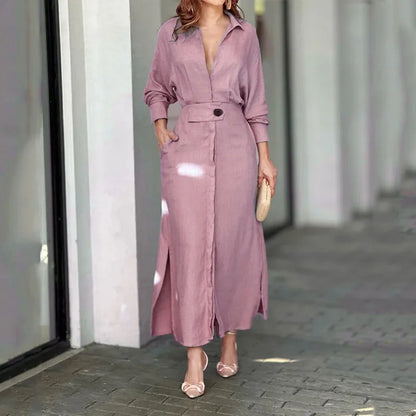 Women Dress 2025 Autumn New Fashion Elegant Long Sleeve Leisure Time Solid Color V Neck Sexy Ladies Shirt Dresses MsChuh S-3XL