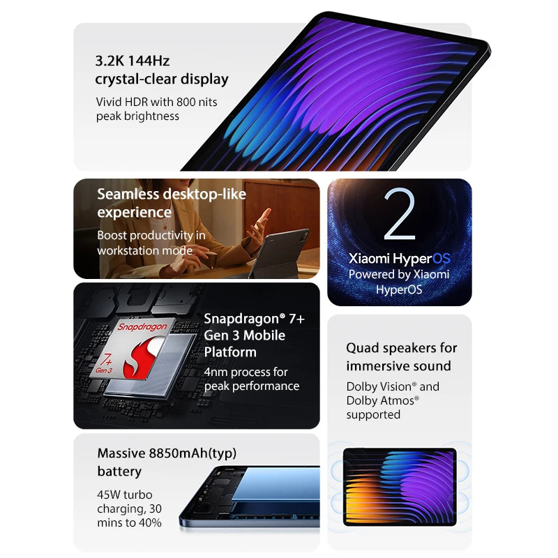 Global Version Xiaomi Pad 7 Mi Tablet 11.2" 3.2K 144Hz Display Adreno GPU 45W Turbo charge 8850mAh Snapdragon 7+ Gen 3