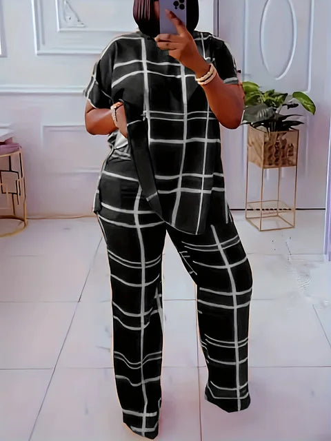 Women's Striped Grid 2 Piece Set Casual O-Neck Oversized Comfortable New Fashion Elements Spring Autumn 