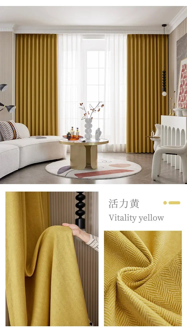 Herringbone Chenille Beige Thickened Blackout Curtains for Living Room Dining Room Bedroom Solid Color Luxury Curtains Custom
