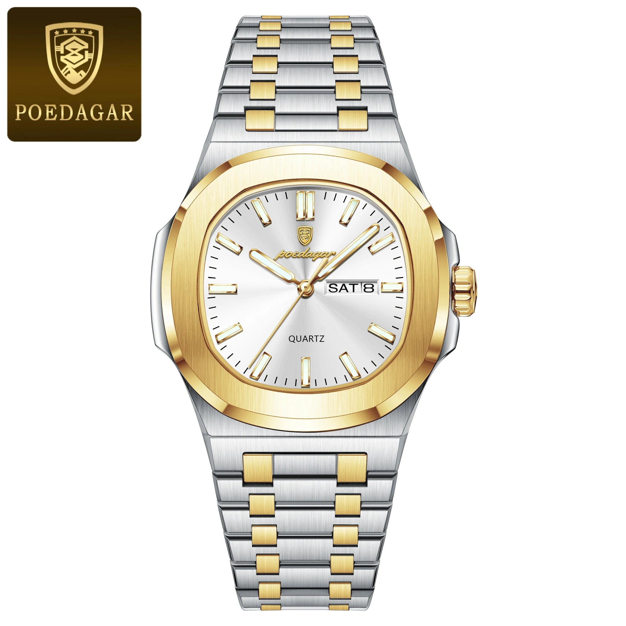 POEDAGAR Luxury Military Men's Watch Square Waterproof Luminous Date Week Men Watch Stainless Steel Quartz Men's Watches Reloj+box