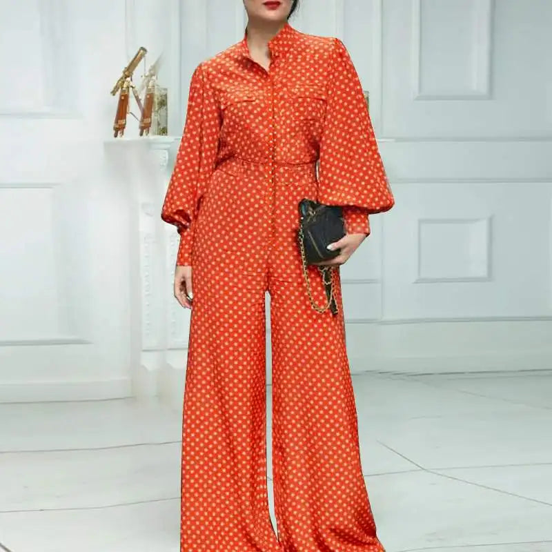Plus Size 5XL VONDA Elegant Jumpsuist Women 2024 Autumn Polka Dot Rompers Long Lantern Sleeve Casual Long Overalls Playsuits