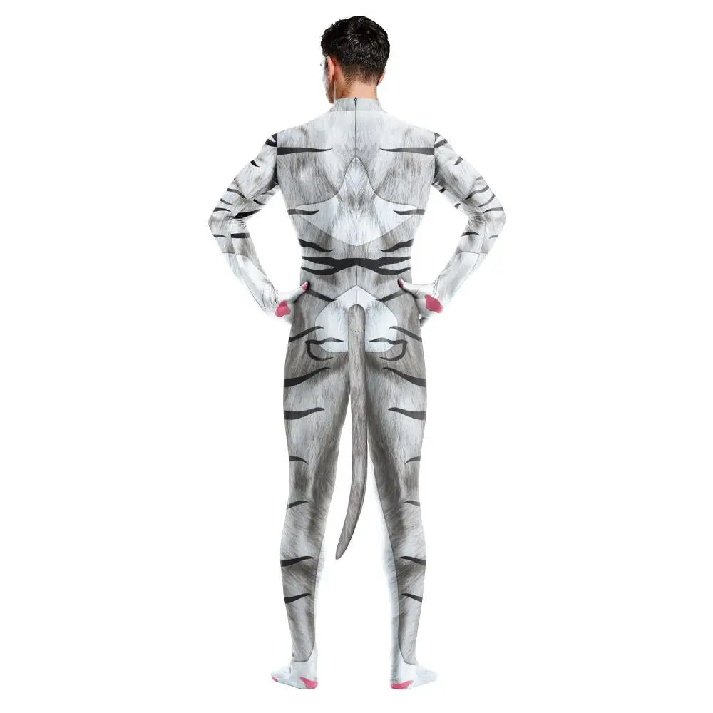 Zawaland Tiger Leopard Cheetah Petsuit for Men Animal Disguise Costume Crotch Zipper Zentai Halloween Carnival Full Bodysuits