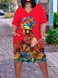 Women's Butterfly Print Dress Plus Size Short Sleeve V Neck Pockets Casual Clothes 