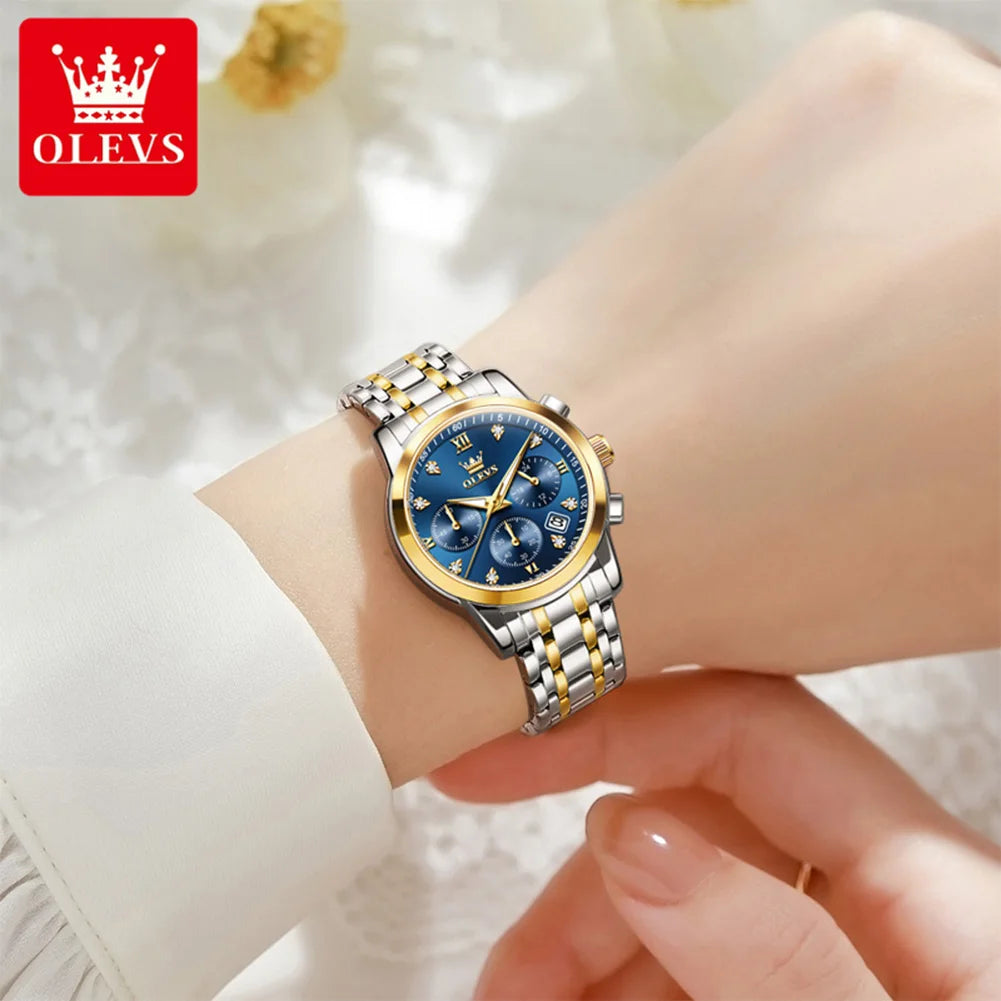 Relógio feminino Olevs de luxo quartzo a prova de agua calendário de pontos elegantes em estilo diamante