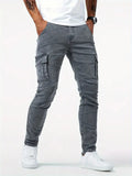 Street men's denim work pants washed solid color multi pocket casual mid waist pants slim fit daily wear jogging pants
