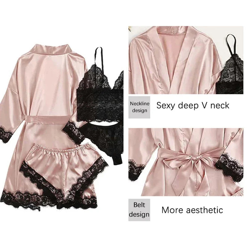 Pijama de 4 piezas para mujer, con bata, lencería sexy de encaje, bata de baño de seda satinada, ropa de dormir para el hogar.