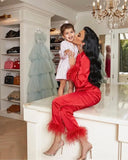 Women's Solid Color Suit Lapel Top Feather Pants Two-Piece Pajama Set 2024