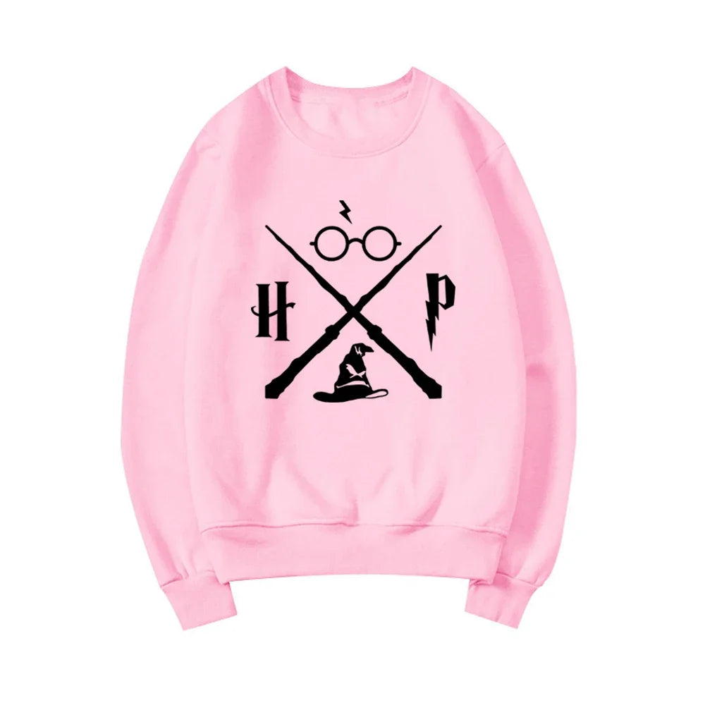 Sudadera con sombrero de mago, sudadera con varita de mago, jerséis HP, sudaderas con capucha gráficas unisex de manga larga, sudaderas de escuela de magia, ropa de calle, top