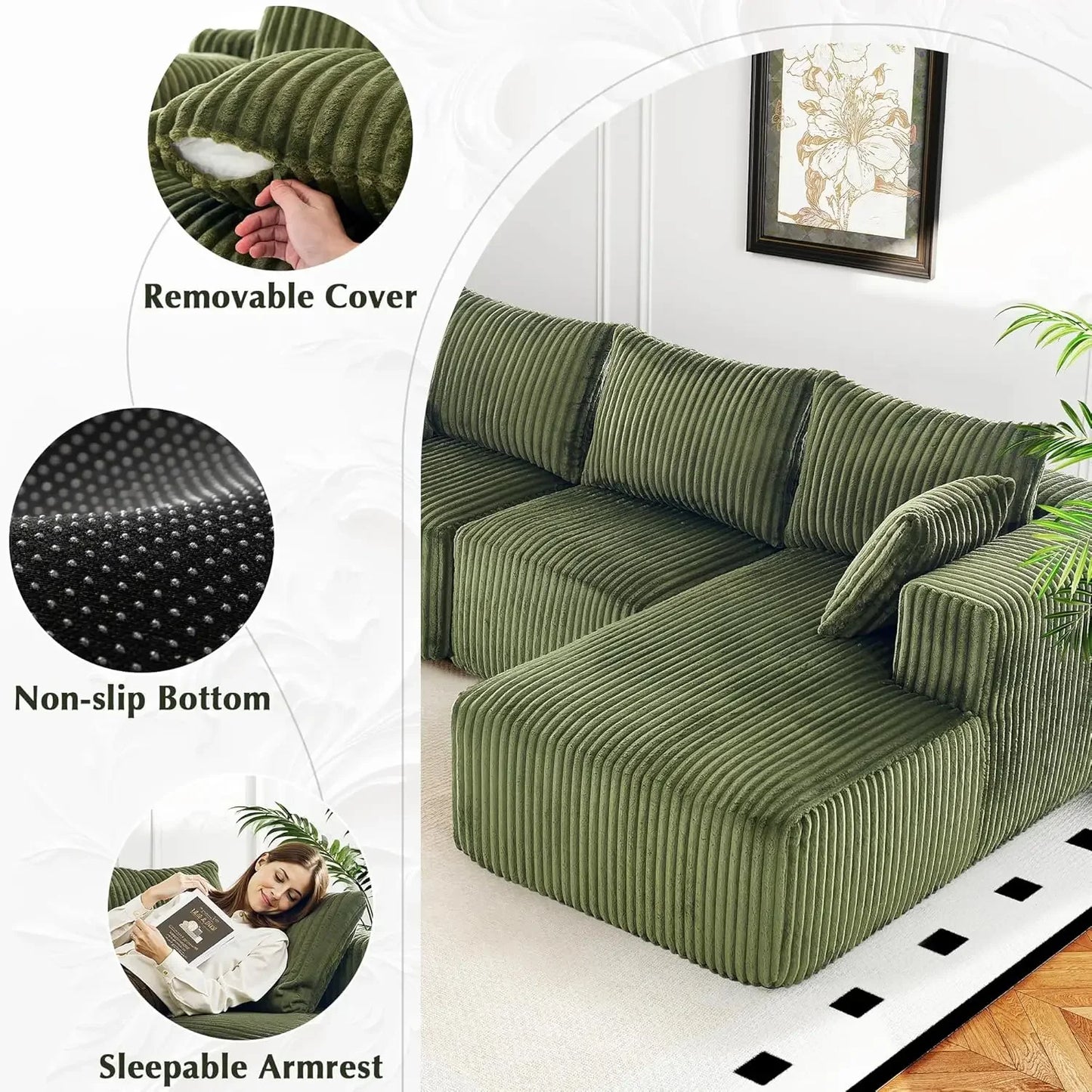 118" Compressed Sofa for Living Room L Shaped Boneless Couch, Modular Sectional Sofa, Sofa Bed Memory Foam Couches with Chaise