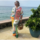 Printed Color Blocked Pant Set for Women, Single Breasted Short Sleeved Shirt and Wide Leg Pants, 2 Piece Set, Lady Casual Suit