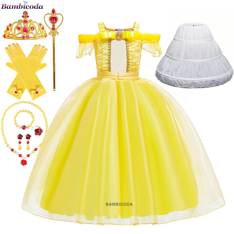 2025 Cosplay Belle Princess Dress Girls Dresses For Beauty and beast Party Clothing Magic stick crown Costume 3-12Y