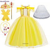 2025 Cosplay Belle Princess Dress Girls Dresses For Beauty and beast Party Clothing Magic stick crown Costume 3-12Y