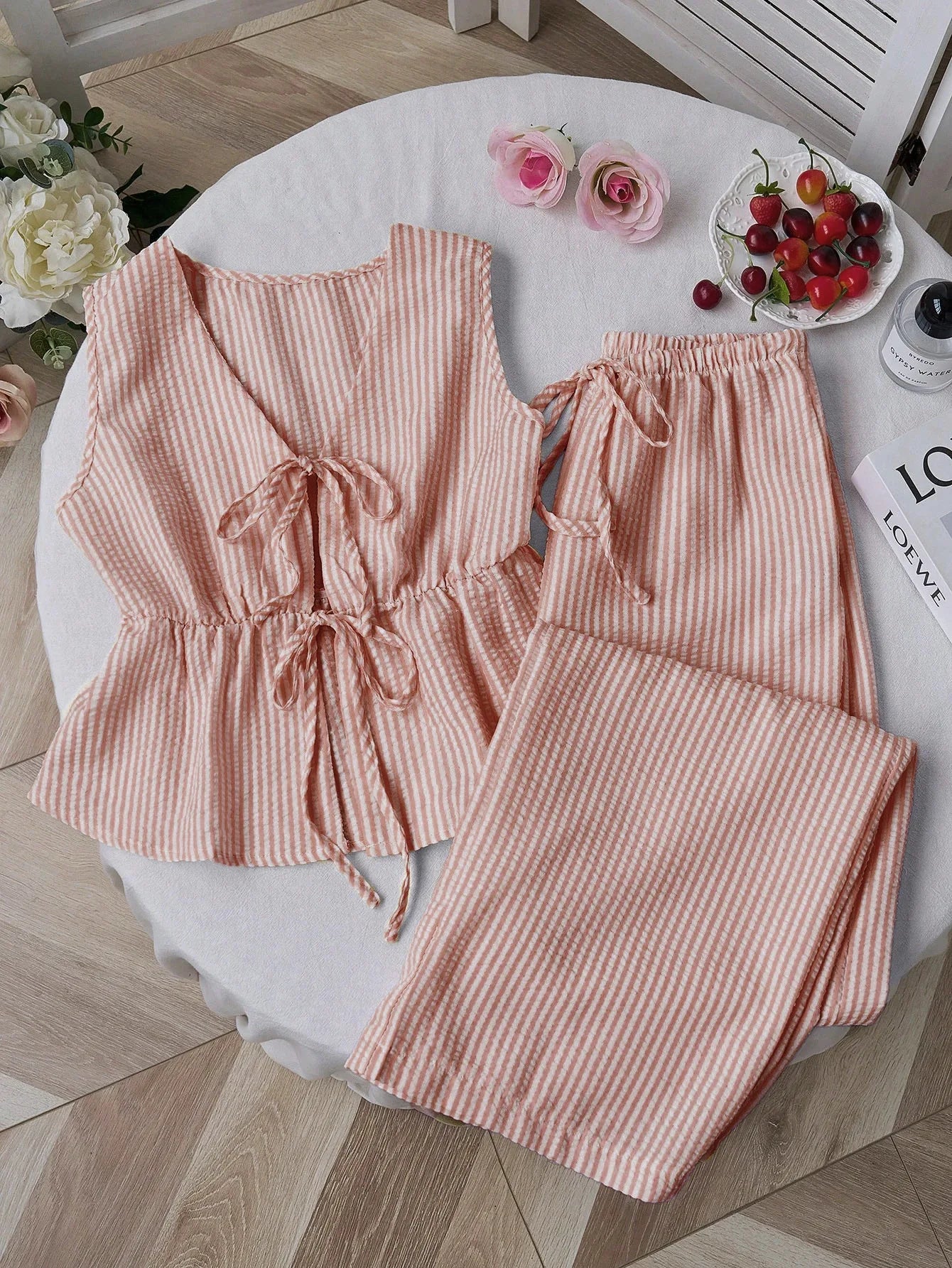 Women's Sets Two 2pcs Sale Summer V Neck Sleeveless Lace Up Vests&High Elastic Waist Striped Wide Leg Pant Suits OUYW-25014