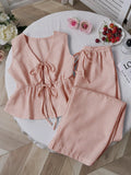 Women's Sets Two 2pcs Sale Summer V Neck Sleeveless Lace Up Vests&High Elastic Waist Striped Wide Leg Pant Suits OUYW-25014