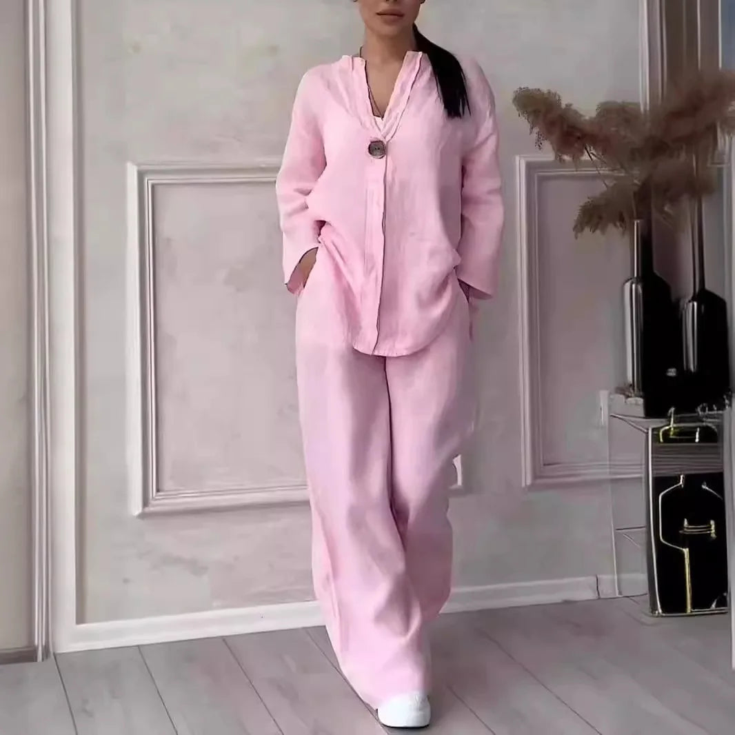 Cotton Linen Sets Two 2 Pieces Sale Casual Long Sleeve Button Loose Blouse Shirt & High Elastic Wide Leg Loose Pant Suits NMD-3021