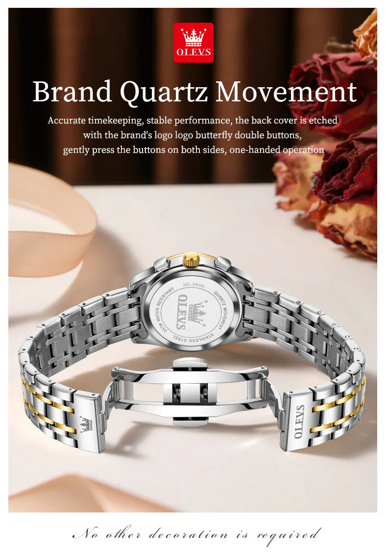 Relógio feminino Olevs de luxo quartzo a prova de agua calendário de pontos elegantes em estilo diamante