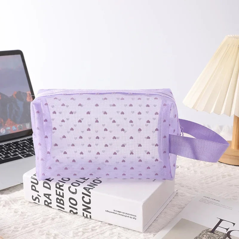 Heart-Shaped Nylon Mesh Cosmetic Bag Portable Toiletry Organizer for Women Makeup Storage