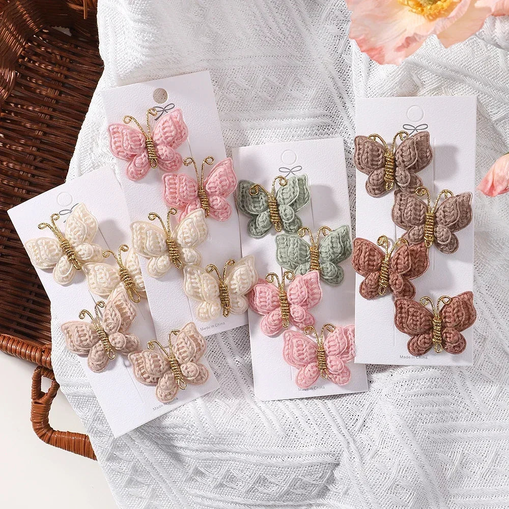 4Pcs/set Cute Baby Girls Knitting Headwear Handmade Crochet Butterfly Alloy Hairs Clips Kids Hairpins Fashion Desgin Headwear