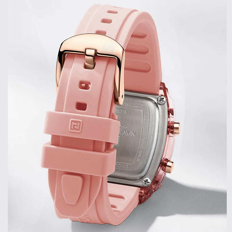 Relojes NAVIFORCE para mujer, con movimiento digital LCD, reloj de moda para mujer, resistente al agua hasta 50 m, correa de silicona, relojes de pulsera deportivos electrónicos.