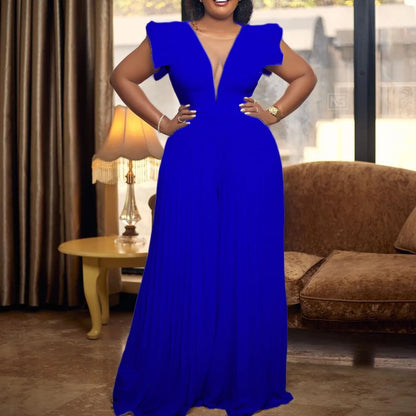 Elegant Pleated Jumpsuits & Rompers for Women V Neck Ruffles High Waisted Loose Floor Length Luxury Female Birthday Party Romper