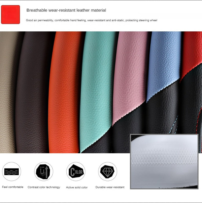 PU Leather Contrast Colour Car Steering Wheel Cover  Sweat Absorbent, Wear Resistant and Non-slip, Universal in All Seasons