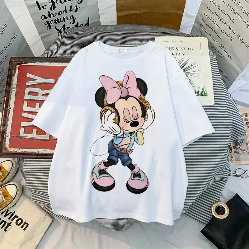 Disney Kawaii Women T-shirts Fashion New 90s Vintage Cartoon Mickey Minnie Top Y2K Female Ulzzang Oversized Cotton T-shirt