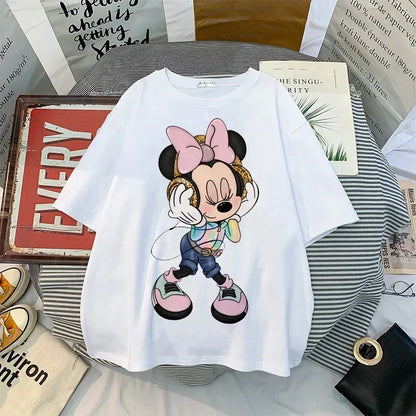 Disney Kawaii Women T-shirts Fashion New 90s Vintage Cartoon Mickey Minnie Top Y2K Female Ulzzang Oversized Cotton T-shirt