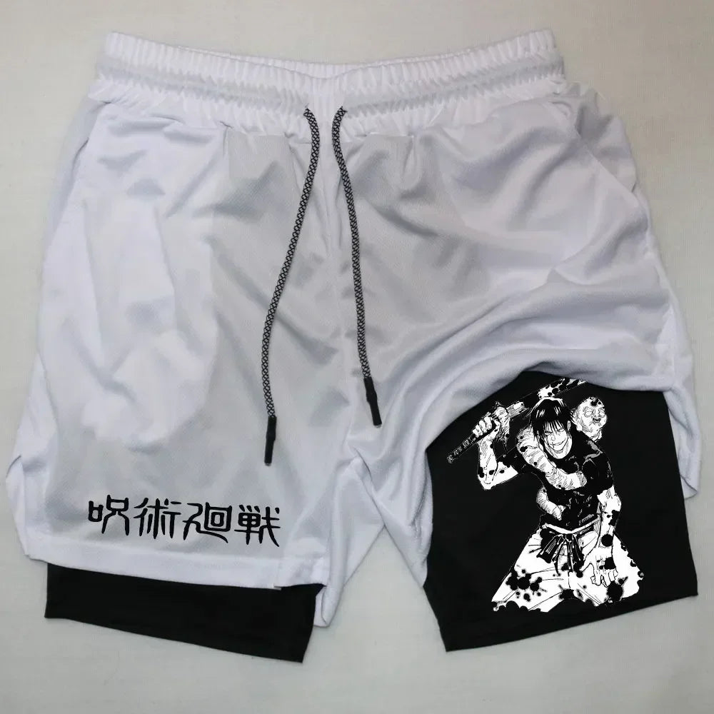 Men's Sports Shorts Anime Performance Shorts Printed Men GYM Casual Sport Compression Shorts Workout Running Mesh 2 in 1 Shorts