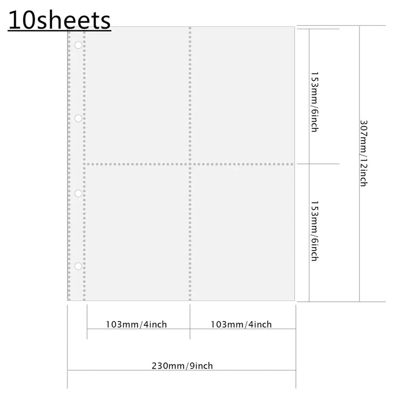 PLRBOK A4 Clear 10 Pcs Photo Album Refill Pages File Protector 4 Hole 6×4 10×15 4 Ring Binder Photocards Postcard Card Notebook