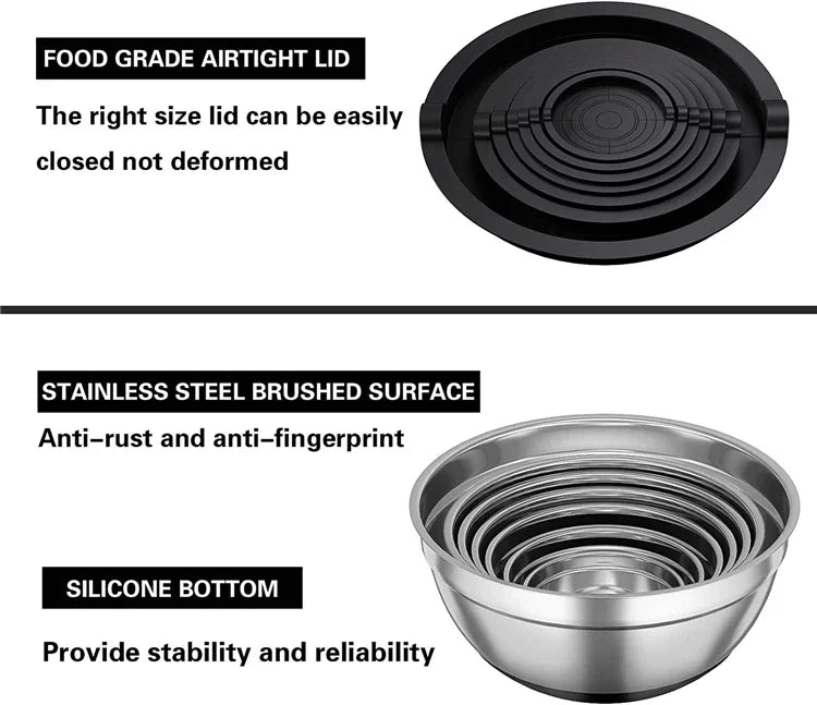 Mixing Bowls with Lids and Non-Slip Bases, Stainless Steel Mixing Bowls Set for Baking, Nesting Storage Bowls, JT227, 6 Pcs