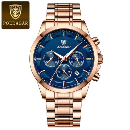 POEDAGAR Genuine Leather Men's Watch Fashion Luminous Calendar Stopwatch Male Clock Waterproof Moon Phase Quartz Wristwatch Man