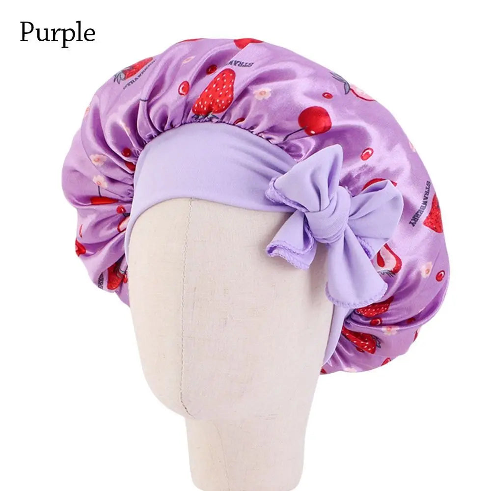Kids Satin Bonnet Sleep Hat Silk Shower Cap for Child Hair Beanie At Night Boy Girls Flower Printed Silk Sleep Cap with Band Bow