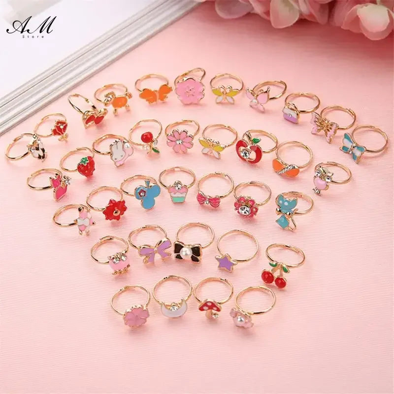 10 Pcs Adjustable Alloy Baby Girl Rings with Heart Shaped Box Cartoon Mix Finger Jewellery Rings Kid Girls Toys Random Color