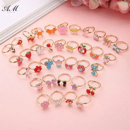 10 Pcs Adjustable Alloy Baby Girl Rings with Heart Shaped Box Cartoon Mix Finger Jewellery Rings Kid Girls Toys Random Color