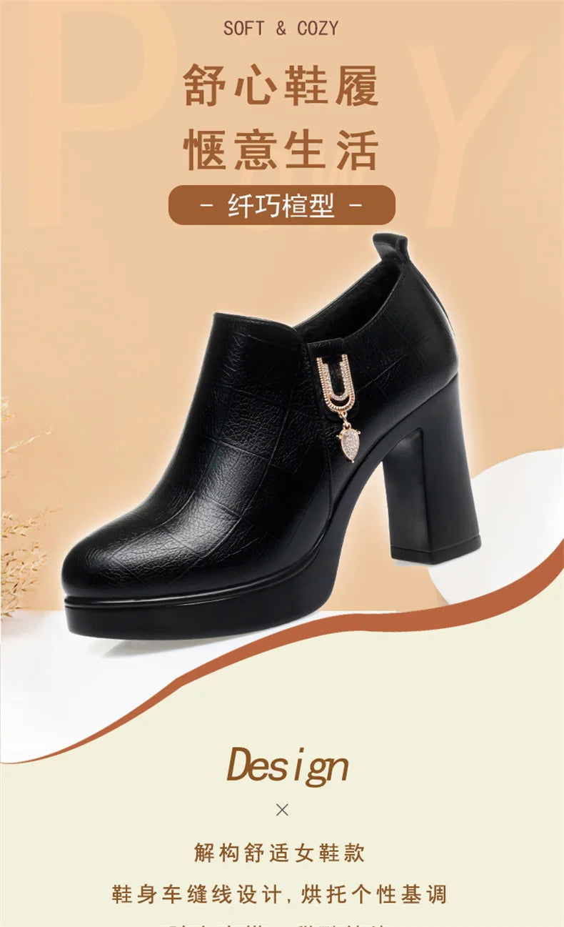 Comfortable Deep Mouth Soft Leather Anti-slip  Shoes Platform Spring 2024 Women's Block Black High Heels Office Mother Shoes