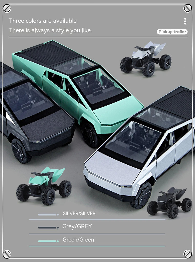1:32 Toy Trucks for Boys Cybertruck Model Silver Pickup Truck Diecast Metal Toy Cars with Sound and Light for Kids Age 3 Year