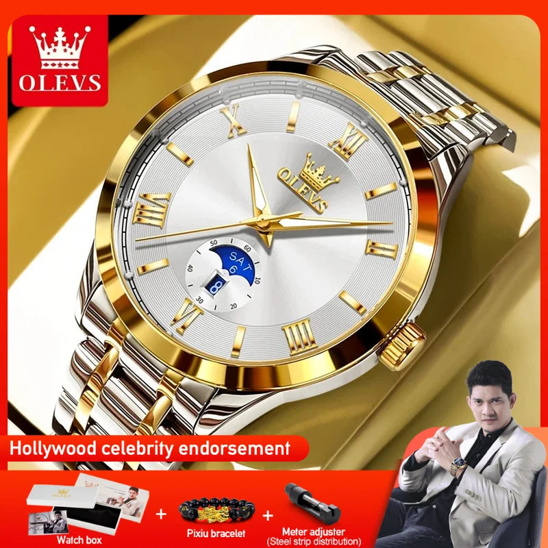 OLEVS 3638 Mens Watch Original Quartz Watch Stainless Steel Waterproof Luminous Large Dial Day Date Watches Luxury Men Box Reloj