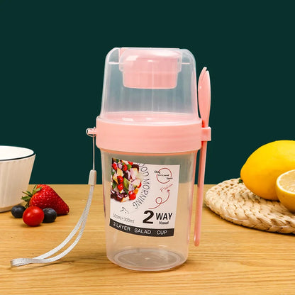 ¡Lleve tazas de desayuno, tazas de ensalada, cereales de yogur, bocadillos de avena, recipientes para parfait y soportes para aderezos para ensaladas con tenedores!