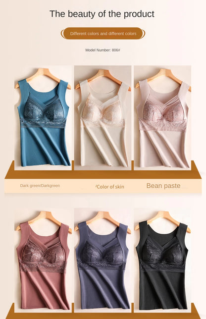 Women Winter Velvet Padded Vest Thermal Underwear Camisole Warm Sling Vest Tops 2-in-1 Built-in Bra Undershirt Intimate