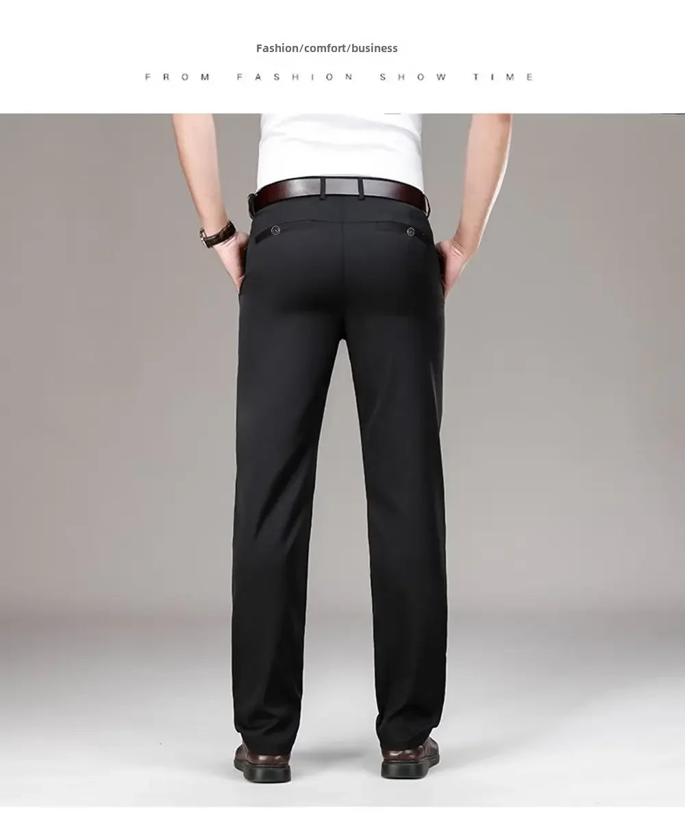 Pantalones casuales de seda helada para hombre, de negocios, formales, de verano, finos, rectos y holgados, para hombres de mediana edad.