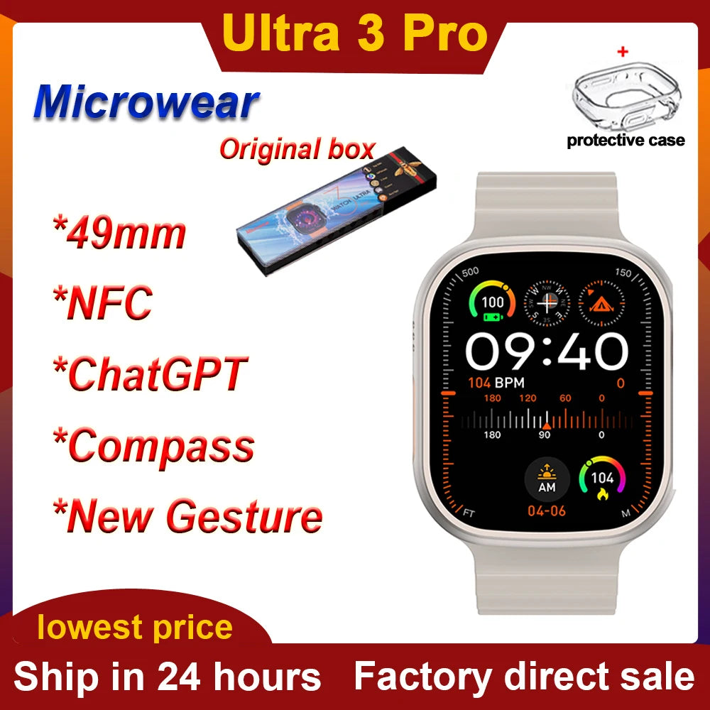 Microwear Ultra 3 Pro NFC Smart Watch ChatGPT Compass 49mm 2.1'' BT Call Temperature ECG GPS Tracker Sport Smartwatch Women Men