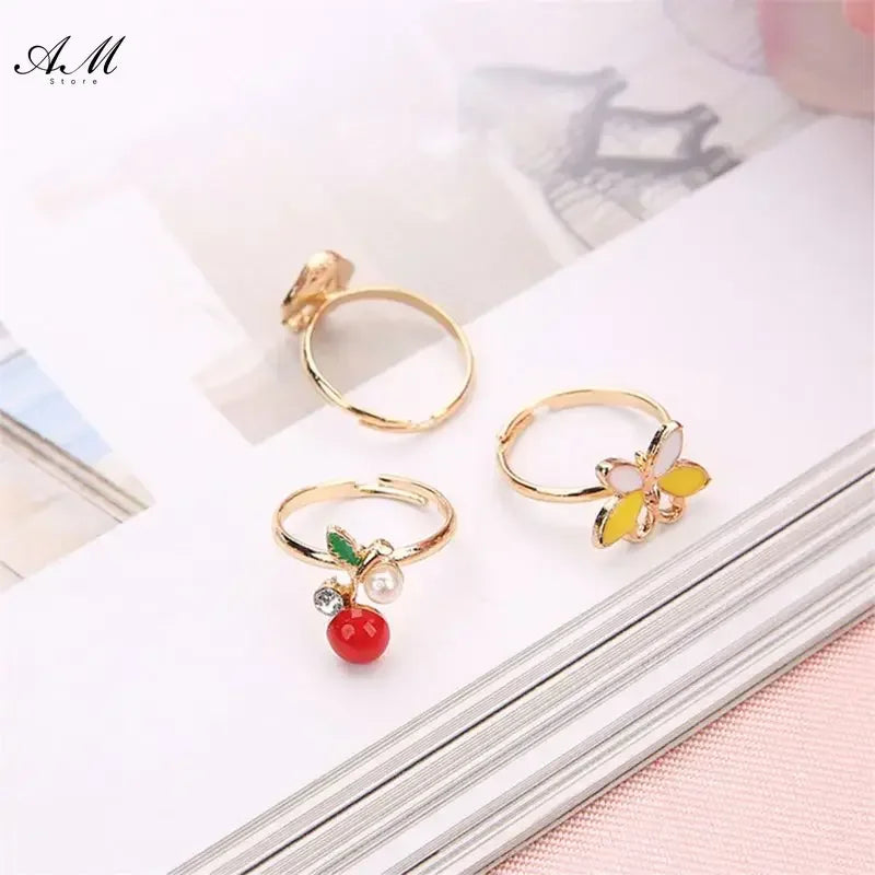 10 Pcs Adjustable Alloy Baby Girl Rings with Heart Shaped Box Cartoon Mix Finger Jewellery Rings Kid Girls Toys Random Color